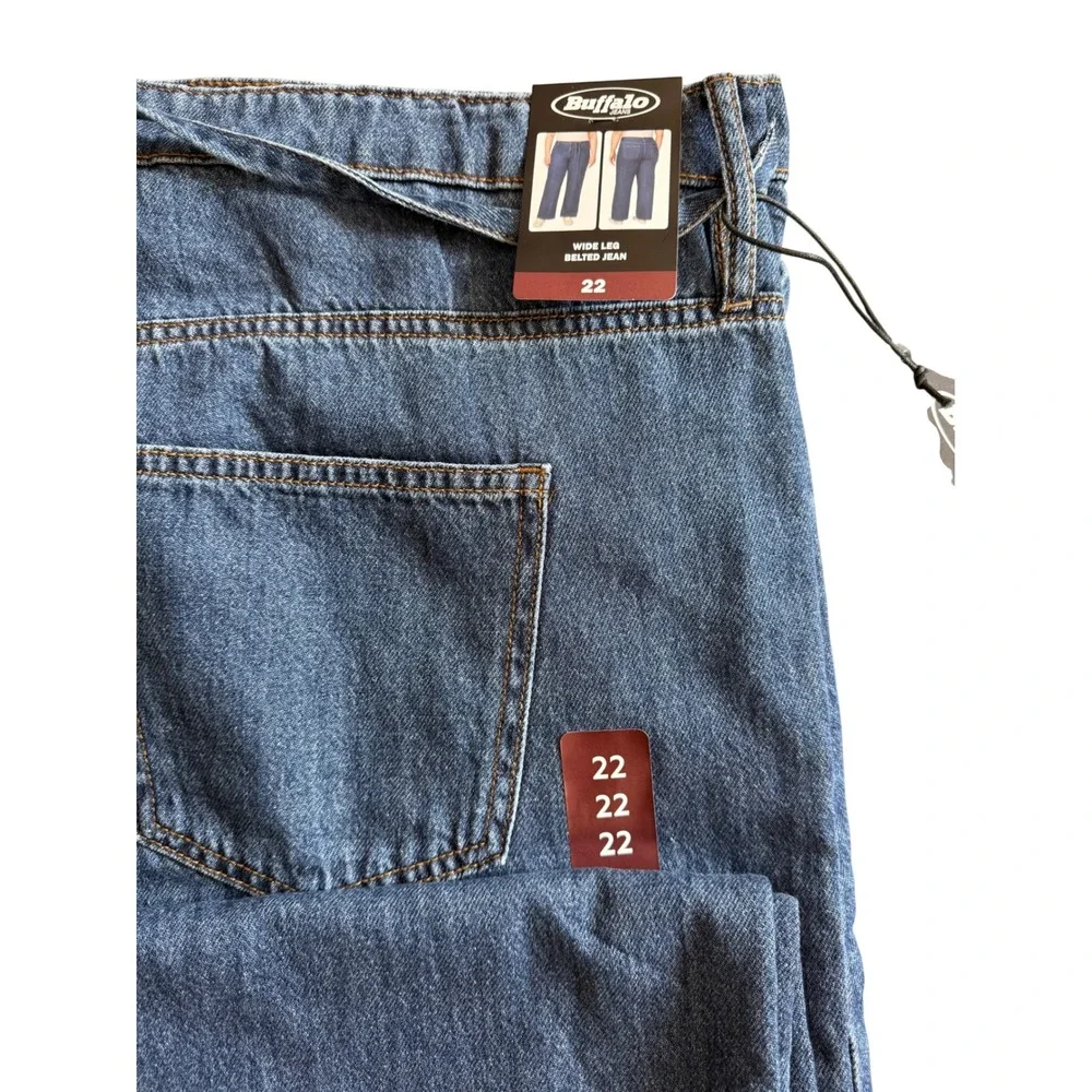 Buffalo David Bitton Wide Leg Belted Jeans Blue Denim Size 22 High Rise NWT